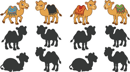 Obraz premium Camel illustrations and silhouettes are displayed on a plain white background