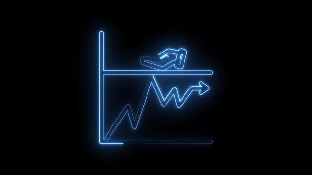 Blue neon glowing financial graph with upward trend arrow and hand icon on black background