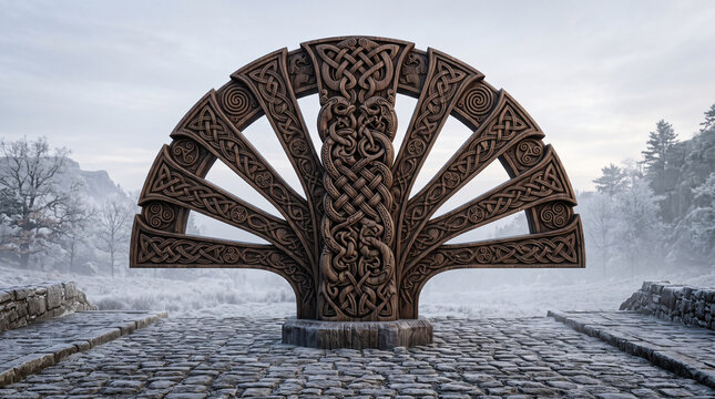 an AI-generated or 3D-rendered decorative stone or wooden structure featuring intricate Norse/Celtic knotwork and fan-shaped sunburst designs in a wintry outdoor setting.