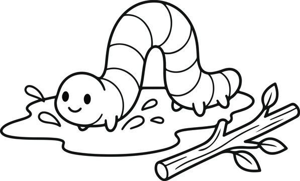Cute cartoon worm crawling over a puddle with a stick and leaves