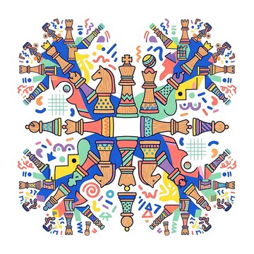 Colorful Chess Pieces Pattern Arranged in a Symetrical Kaleidoscope Design for Modern Graphic Background Texture and Illustration
