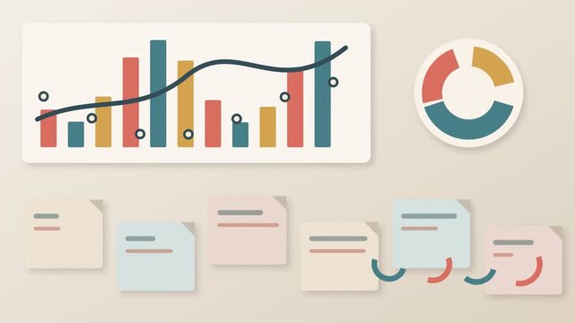 Paper cutout style corporate annual report graphic with bar chart donut chart and stacked document cards