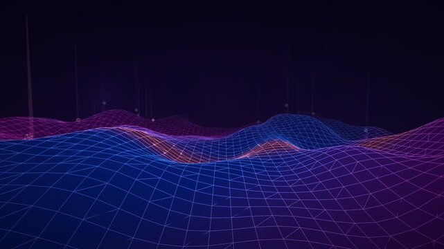Vibrant blue and magenta wireframe topographic wave landscape with flowing color transitions and glowing markers