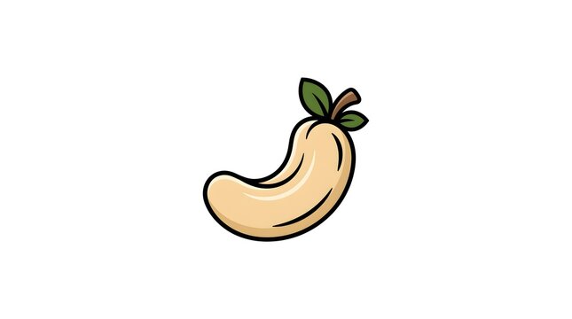 A clean minimalist vector illustration of a single beige cashew nut with green leaves, styled as a simple logo icon isolated on a blank white background.