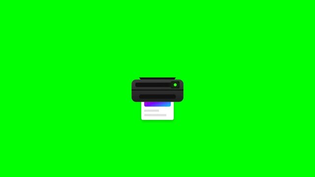 Minimalist office printer icon printing document animation, chroma key green screen background, vector printing machine loop