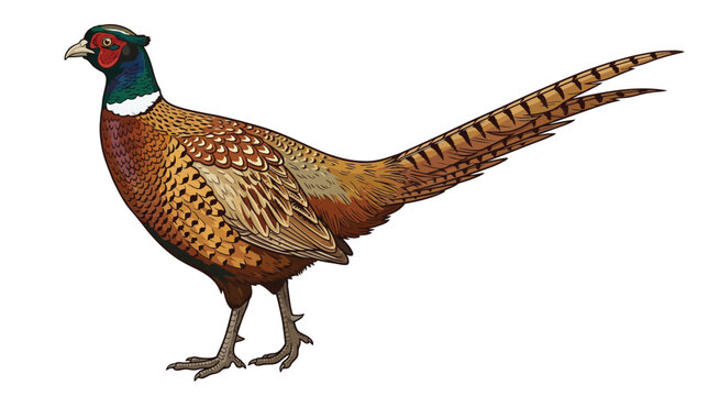 Vector illustration of realistic male ring necked pheasant bird with colorful plumage standing isolated on white background for wildlife graphic design
