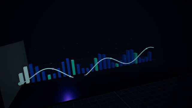 Blue and green 3D bar chart with a glowing sine wave signal line and traveling markers scanning across data