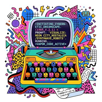 Retro Typewriter with Digital Code Screen and Colorful 80s Memphis Design Abstract Background for Creative Tech Vector Illustration