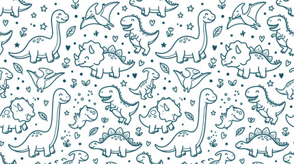 Cute Dinosaur Seamless Pattern Line Art Vector Texture with Cartoon Dino Characters for Kids Wallpaper Nursery Textiles and Children Wrapping Paper Graphic Designs © MDIRFAN