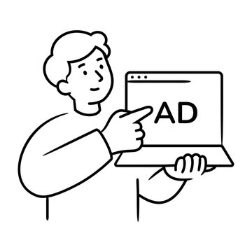 Hand-drawn doodle icon of native ads, shown with people, devices, symbols, or interface elements in clean black line art on an isolated background.