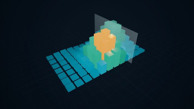 3D grid heatmap terrain with rising color coded blocks and a scanning plane sweeping across risk data