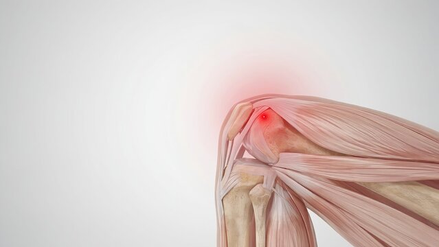 Medical 3d illustration of a knee joint with highlighted pain area on the patella in human leg on a white background