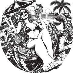 Obraz premium Sexy Bikini Girl Relaxing in Giant Tropical Cocktail Glass with Shark