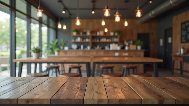 Empty wooden table top in blurred modern cafe background for product display banner