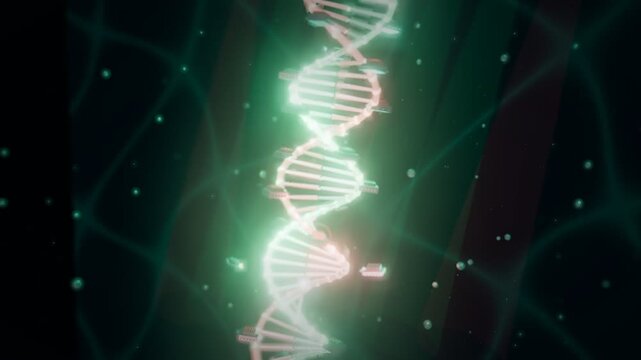 Rotating glowing DNA double helix fused with microchip components against a green cellular network background