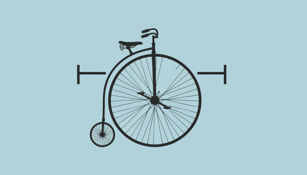 Vintage penny farthing bicycle featuring a very large front wheel and small rear wheel on blue background.