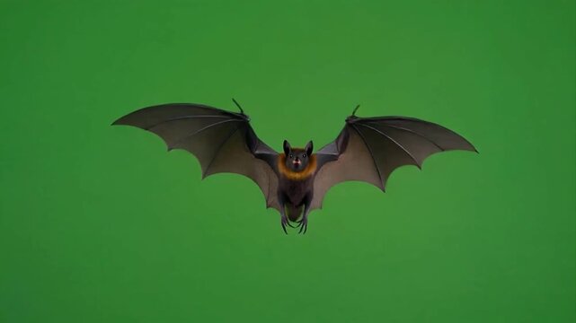 A single black bat flying and flapping its wings steadily in place, isolated on green screen chroma key