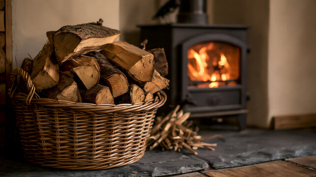 Woven log basket filled to the brim beside a small wood burner