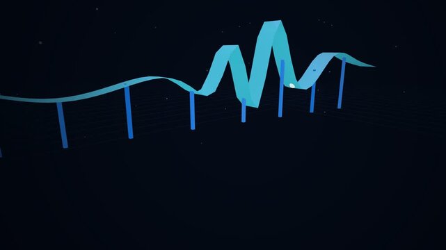 Twisting teal 3D ribbon surface with volatility peaks morphing above blue and purple vertical stem markers