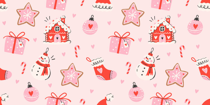 Christmas seamless pattern with hand drawn festive doodles. Cute pink and red holiday background with gingerbread house, snowman, ornaments, stockings, candy canes and gifts