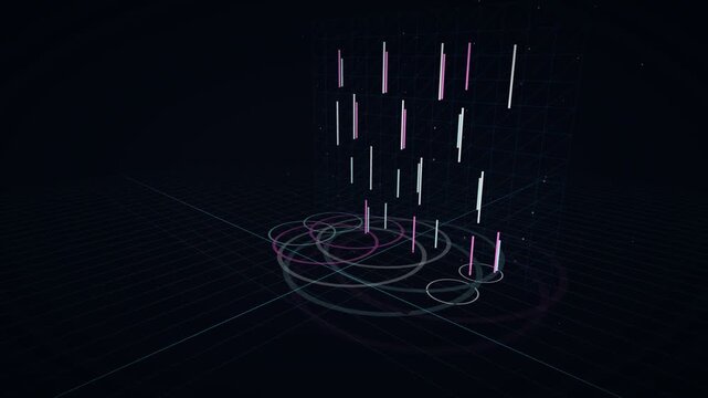 Colored data streaks falling through a wireframe grid cube with expanding ripple rings below