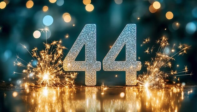 Stunning Silver Number 44 Surrounded by Vibrant Golden Fireworks on a Rich Emerald Background