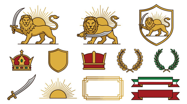Vector illustration set of Iranian lion and sun heraldic emblems featuring shields crowns laurel wreaths swords and ribbon banners for graphic design