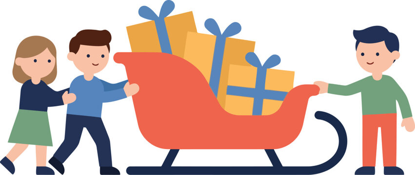 Cartoon Children Pushing A Red Christmas Sleigh Filled With Gift Boxes For Holiday Preparation And Festive Seasonal Teamwork Representing Collective Effort And Community Spirit Project.