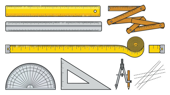 Vector illustration set of measuring tools featuring straight rulers tape measure folding ruler protractor set square and compass for engineering design