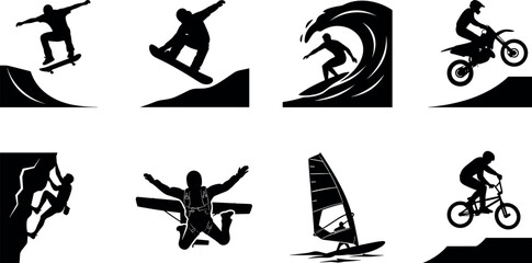Obraz premium Set of extreme sports athlete silhouette icons including skateboarding surfing snowboarding motocross climbing and skydiving vector illustration
