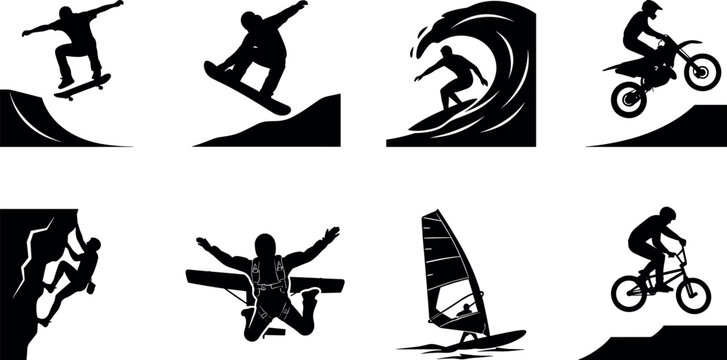 Set of extreme sports athlete silhouette icons including skateboarding surfing snowboarding motocross climbing and skydiving vector illustration