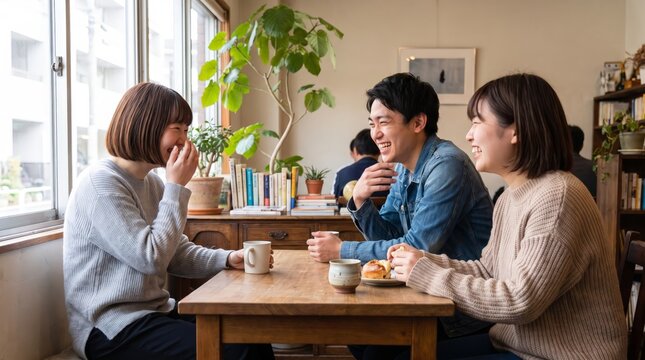 Laughter around the table among Japanese cafe friends