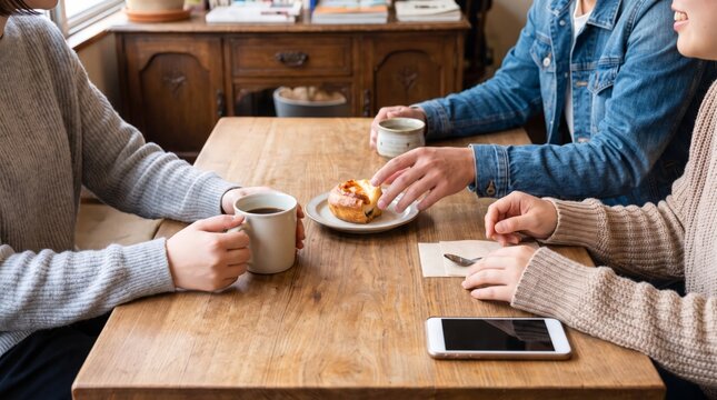 Japanese friends sharing a pastry beside their cups