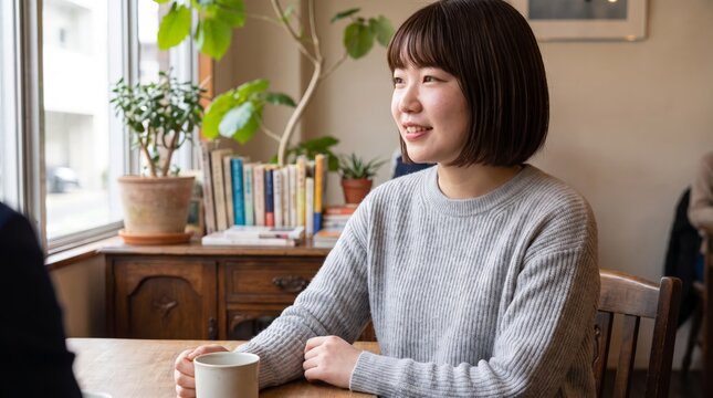 Smiling Japanese woman by cafe window