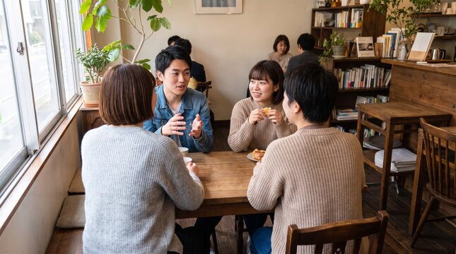 Group of Japanese friends talking in cafe
