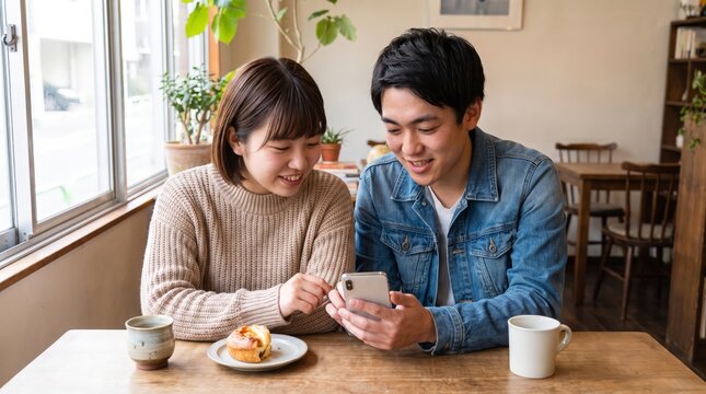 A smartphone draws two Japanese friends together at a cafe