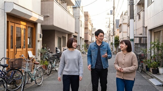 Japanese friends walking down narrow street