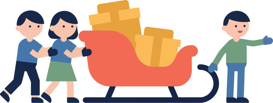People Pushing A Red Christmas Sleigh Loaded With Gift Boxes For Holiday Logistics Preparation And Festive Team Cooperation Representing Seasonal Retail Distribution And Shipping