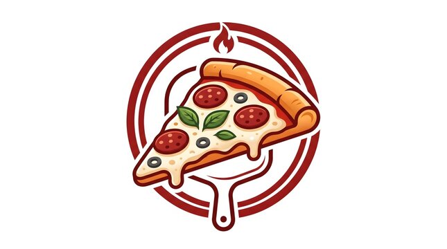 A clean graphic logo of a delicious pepperoni pizza slice with melting cheese, fresh basil leaves, and olives