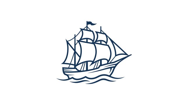 Minimalist vector illustration of a vintage sailing ship or galleon cruising on ocean waves, isolated on a white background