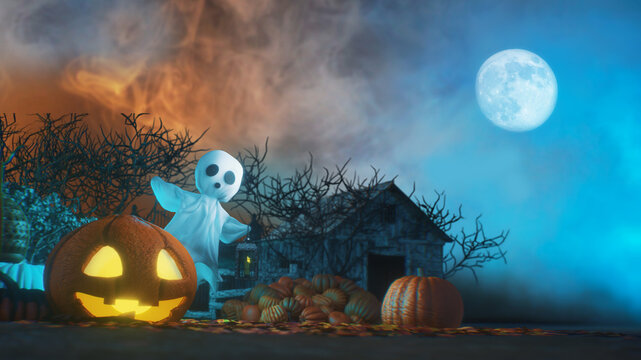 Spooky 3D Halloween Scene with Ghost, Glowing Jack-o-Lanterns, Haunted Gate and Full Moon render 3d