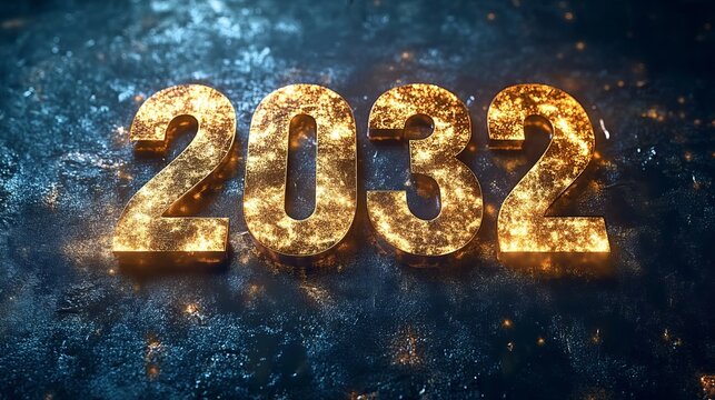 Shiny Golden Number 2032 Inscriptions Glowing Isolated on a Dark Frosted Textured Background 4k