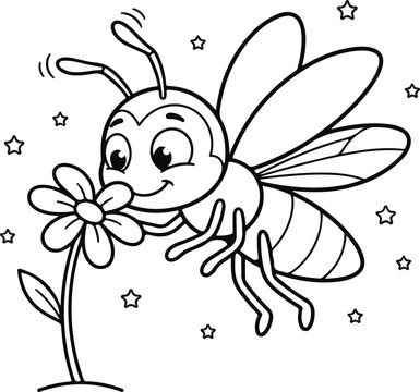 Cute cartoon bee smelling a flower with star shapes