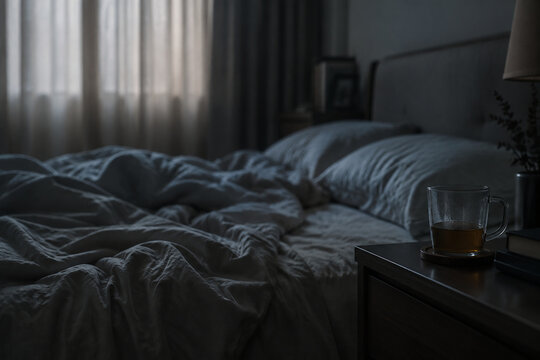 Unmade bed with cold tea in dim bedroom, malaise solitude and melancholy concept