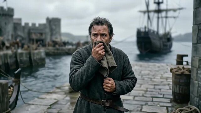 Frightened Medieval Man Covers His Face on Harbor Dock During Bubonic Plague Epidemic Symbolizing Pandemic Fear Contagion Quarantine Disease Outbreak Historical Crisis Survival and Public Health Emerg