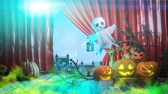 Spooky 3D Halloween Scene with Ghost, Glowing Jack-o-Lanterns, Haunted Gate and Full Moon render 3d