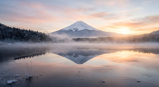 Mount Fuji reflected on a glass-like icy lake at sunrise with morning mist