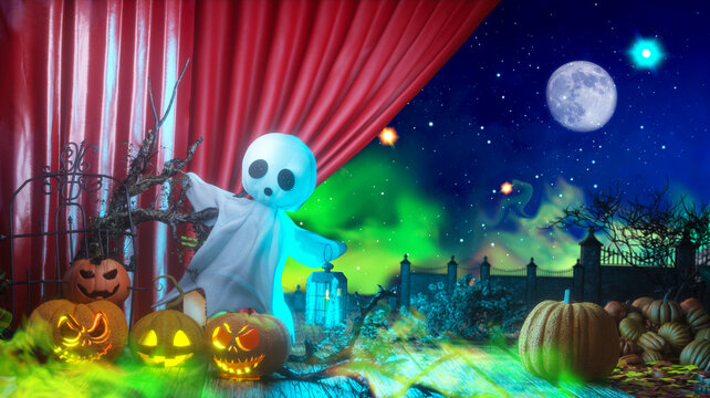Spooky 3D Halloween Scene with Ghost, Glowing Jack-o-Lanterns, Haunted Gate and Full Moon render 3d