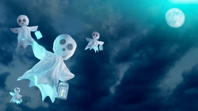 Spooky 3D Halloween Scene with Ghost, Glowing Jack-o-Lanterns, Haunted Gate and Full Moon render 3d