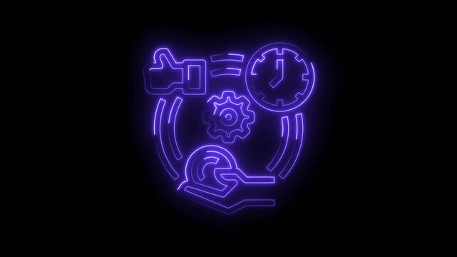 Neon icon animation featuring time efficiency gears process optimizing and thumbs up feedback